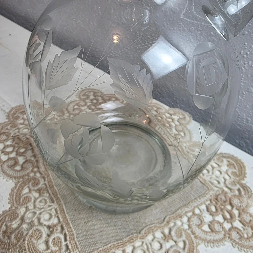 Vintage Etched Floral Rose Glass Decanter with‎ Ball Stopper and Handle Clear